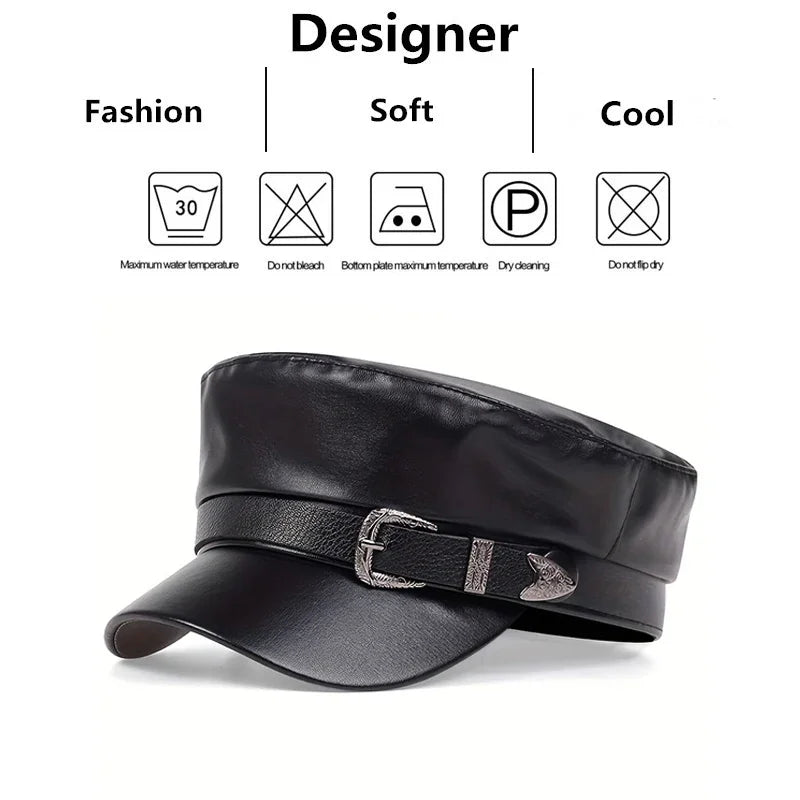 Fashion Women Large Belt Buckle Leather Hat