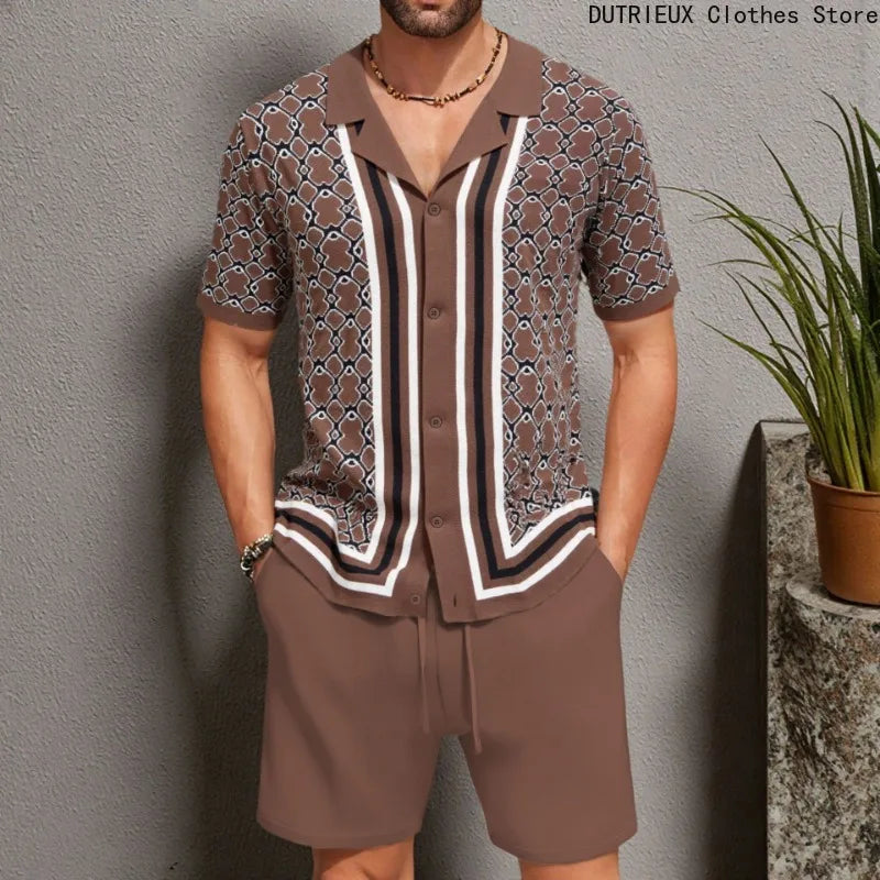 High-quality Jacquard Knitted Suits for Men Collar Knitted Shorts Sets