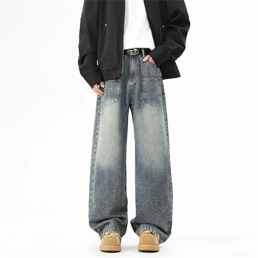 Wide-leg retro washed denim pants for men,