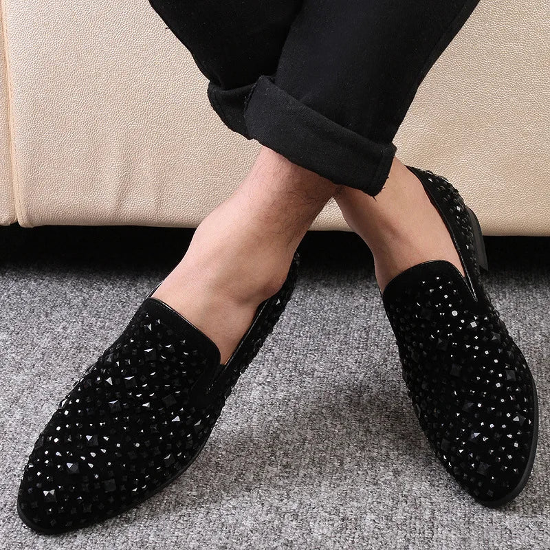 Dress Shoes for Men Luxury Pointed Toe Black Loafers Denim Metal Sequins Shoes