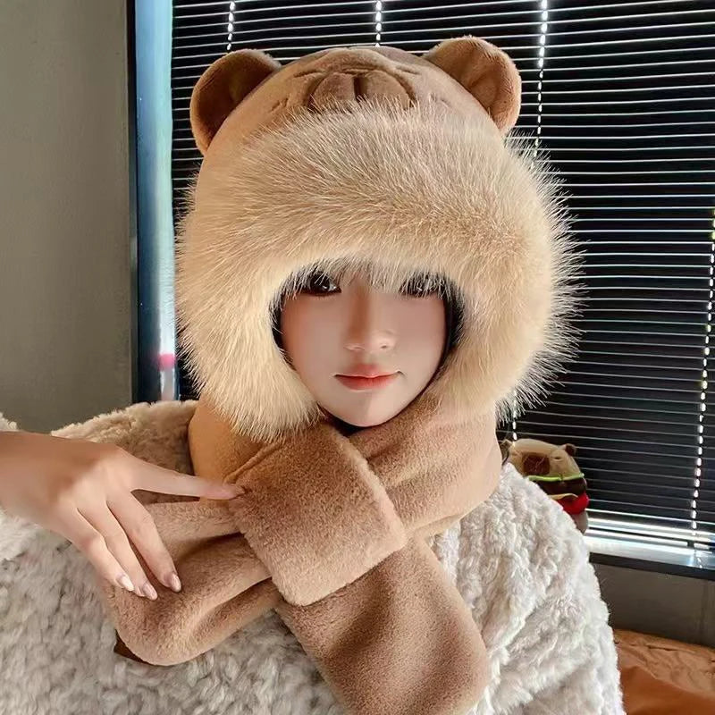 Capybara Hat Ear Protection Soft Furry Scarf
