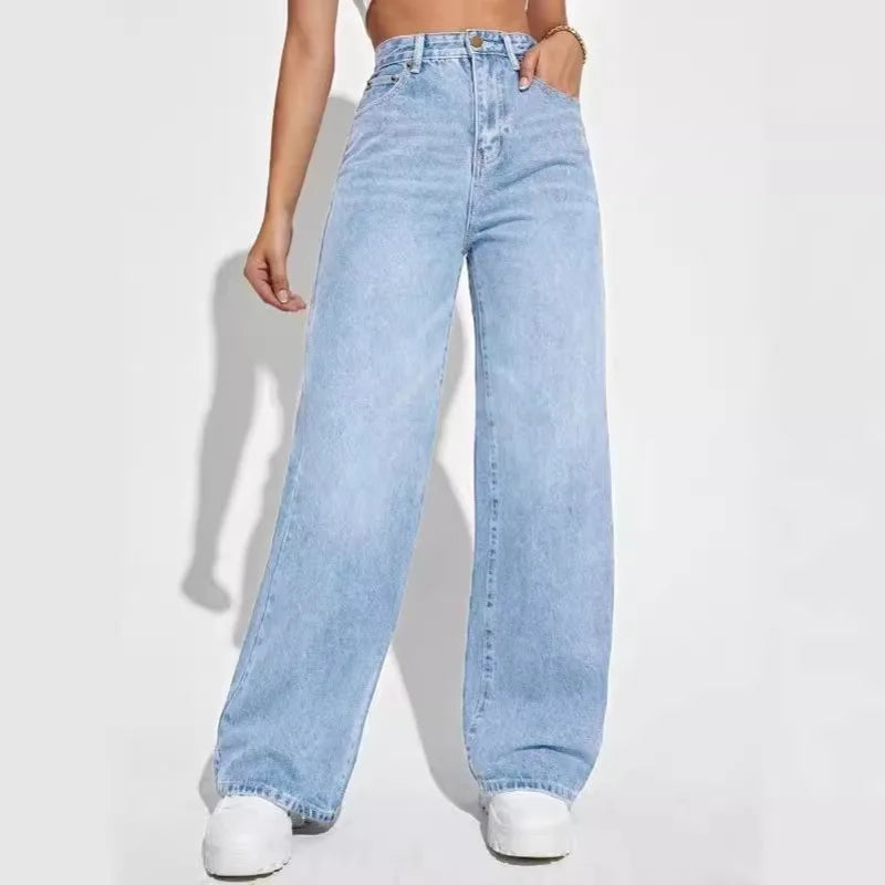Women Ripped Boyfriends Jeans Distressed High Waist Baggy Denim Pants Wide Leg Straight Trousers