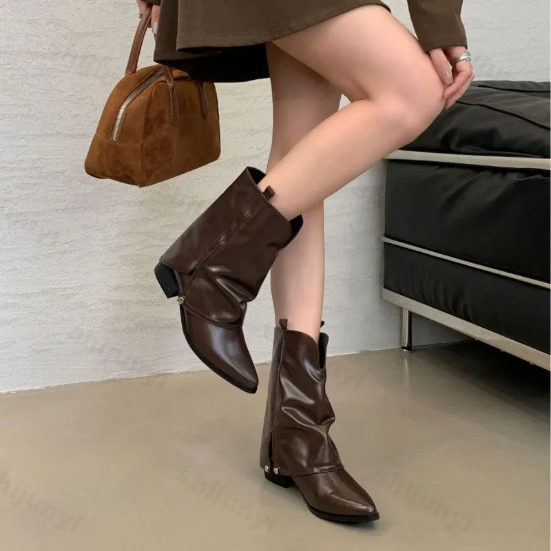 Fashion Retro Pointed Toe Female Ankle Boots Synthetic Leather Outdoor Anti Slip Boots