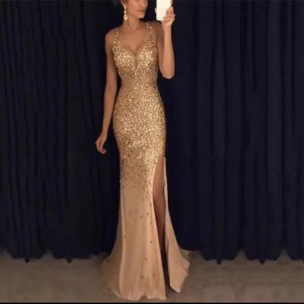 New Style New Slit Bronzing Dress Long Skirt Sexy Outfits Women
