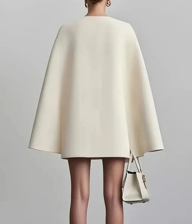 Double Breasted Shawl Cape Solid Color V-Neck Mini Dress