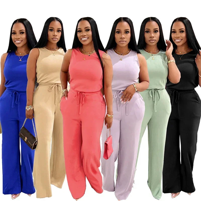 Solid Casual Jumpsuit Sleeveless Drawstring High Waist One Pieces Rompers