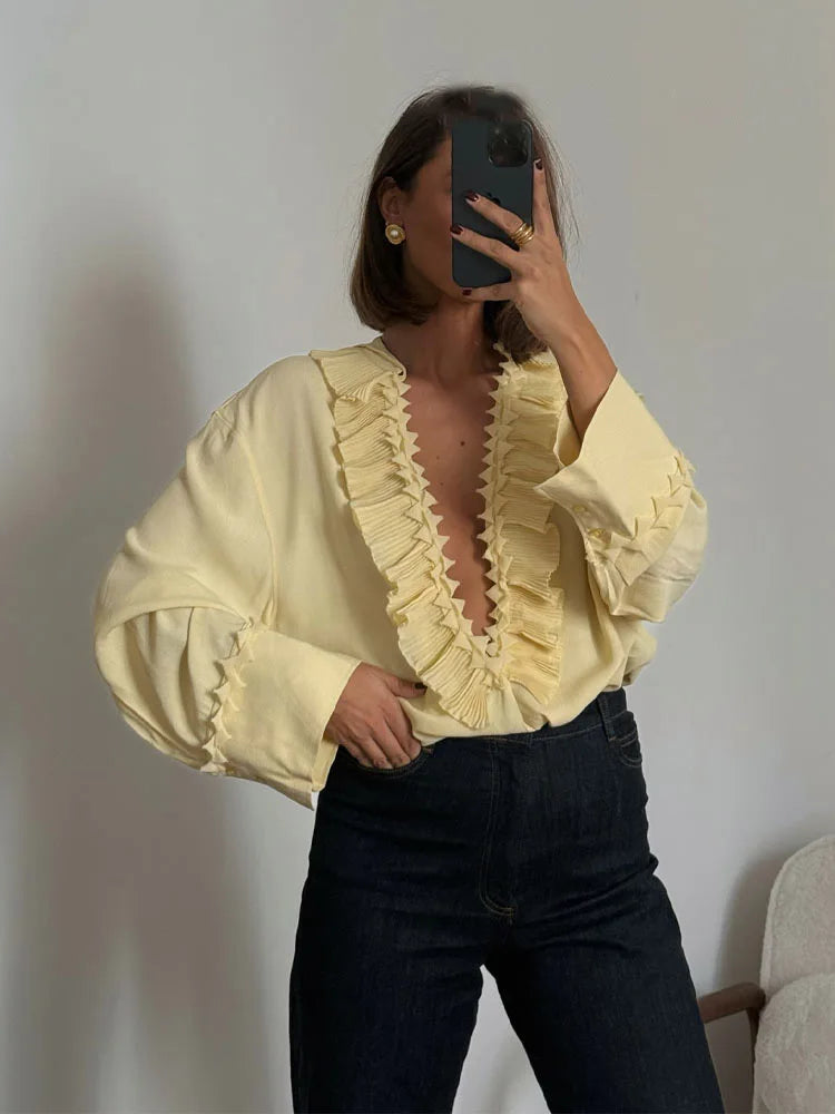 HH Women's Fashion Blouses Light Yellow V-Neck Long Sleeves Tierred Decoration
