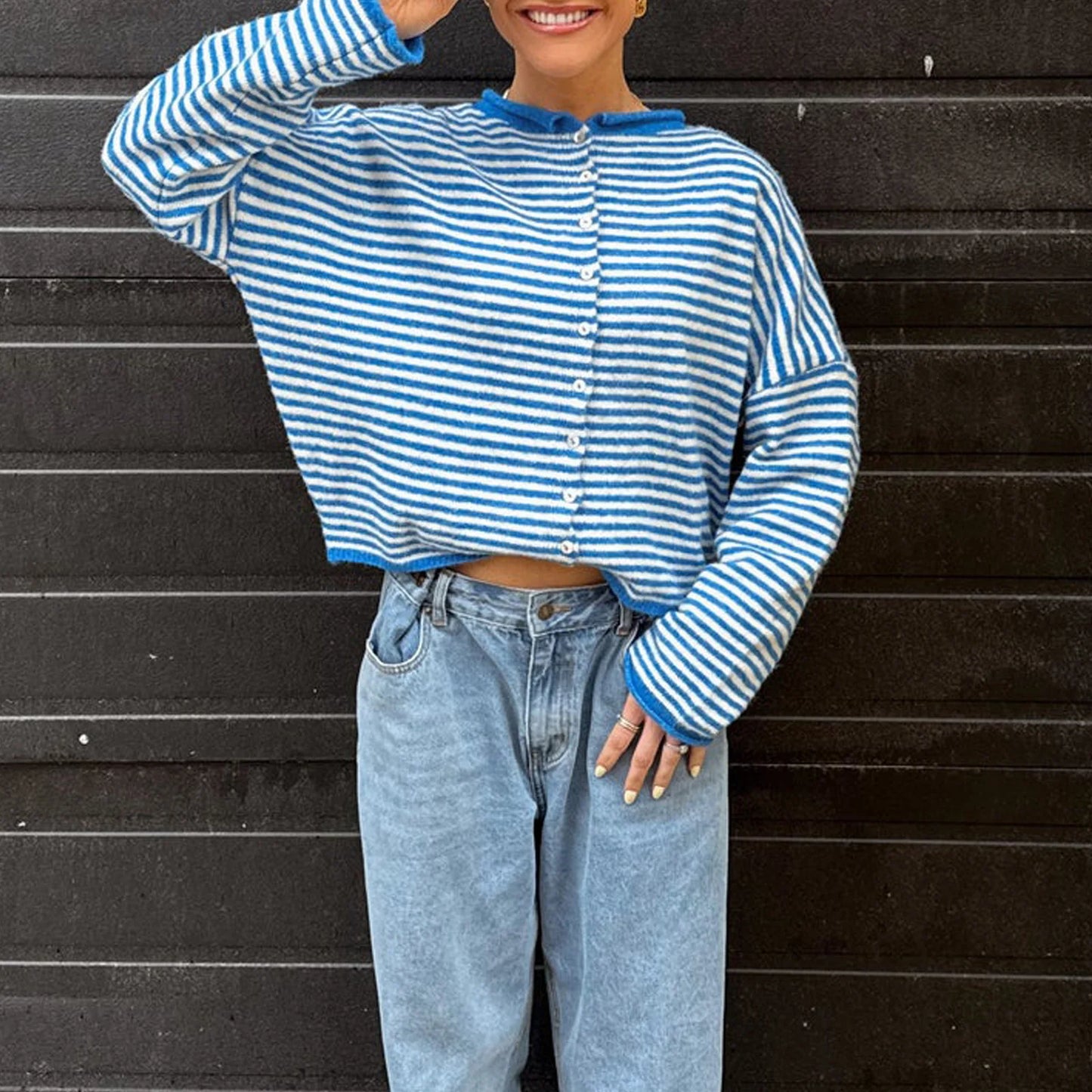 Womens Long Sleeve Striped Sweatshirt Watermelon Red Oversized Pullover