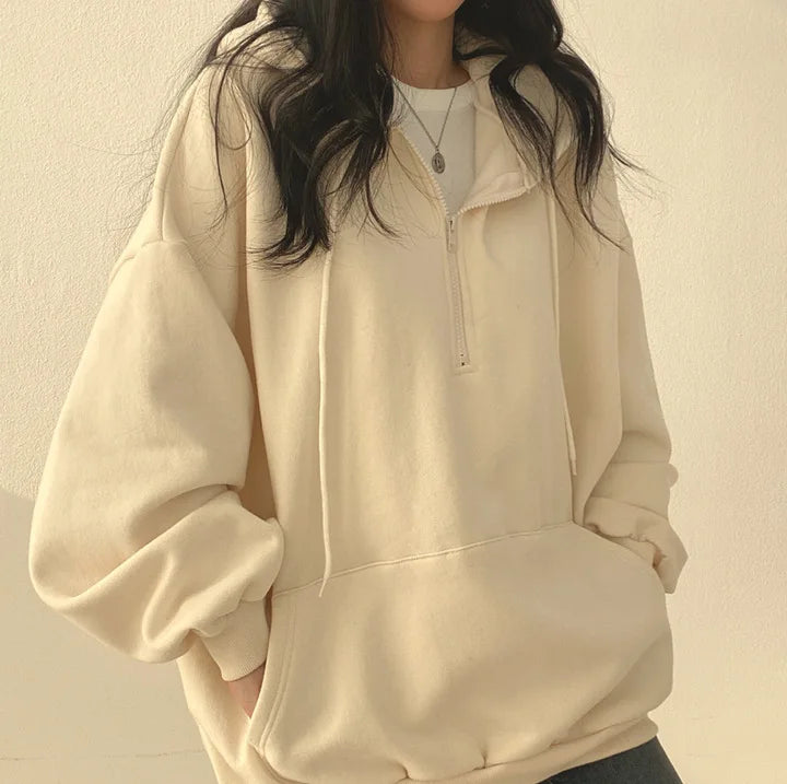 Women Hoodie  Loose Oversized Solid Color Top Half Zip Up Sweatshirt