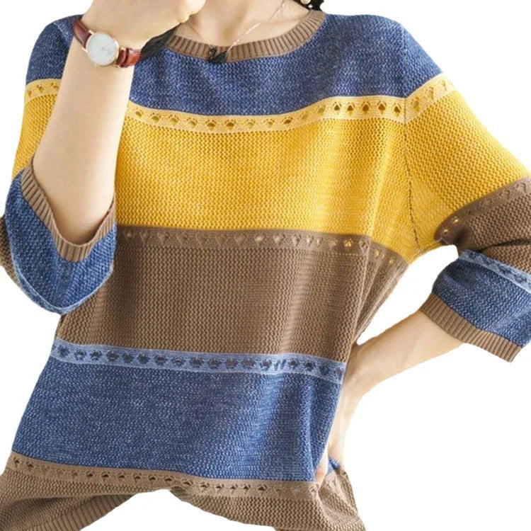 Women's  Round Neck Striped Pullovers Long Sleeve Sweaters