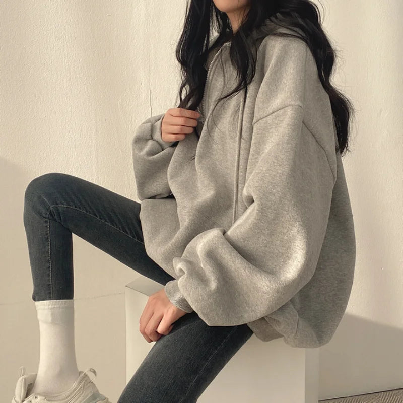 Women Hoodie  Loose Oversized Solid Color Top Half Zip Up Sweatshirt