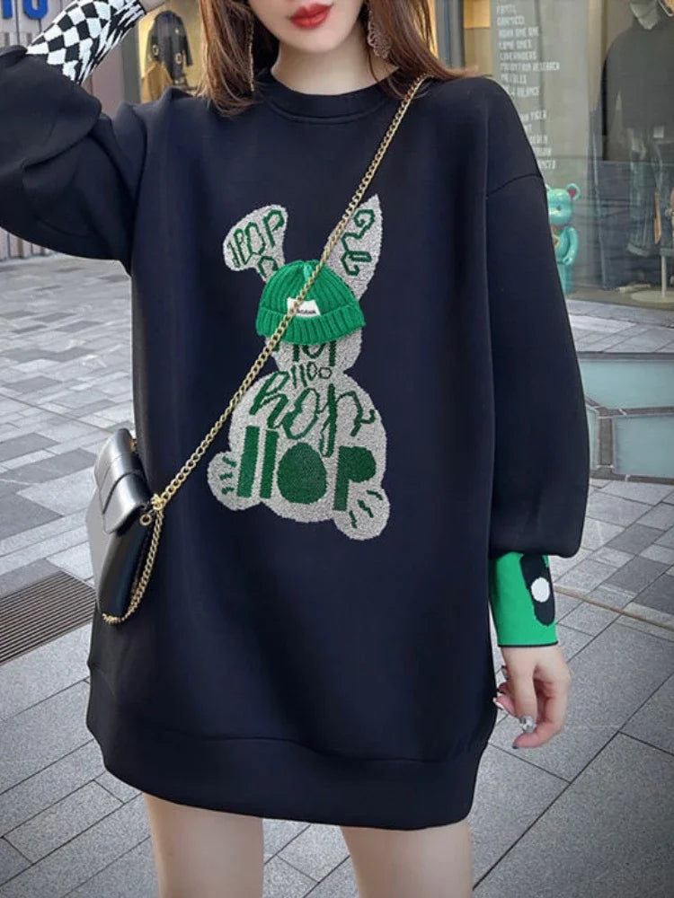 Sweatshirt for Women BlackGraphic Long   Embroidered Pullover