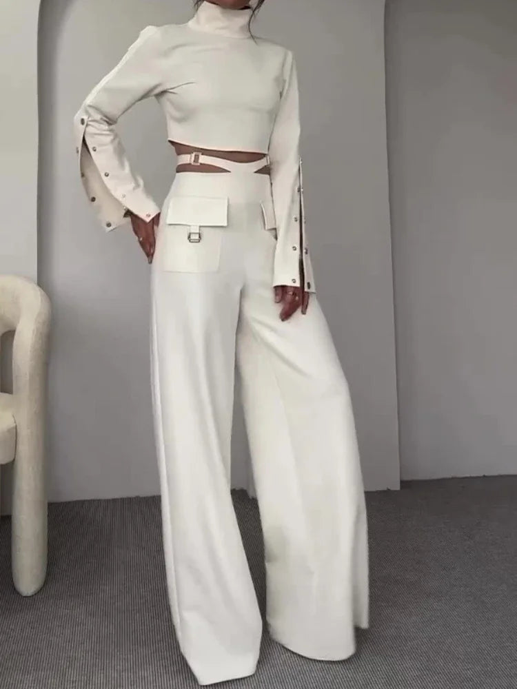 Two Piece Sets Turtleneck Full Sleeve  Sexy Wide Leg  Matching Sets