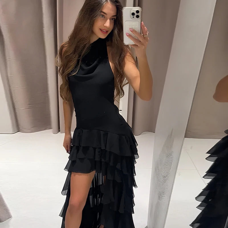 Pleated  Backless Corset Sleeveless Asymmetrical Layered Ruffled Tulle Halter Dress