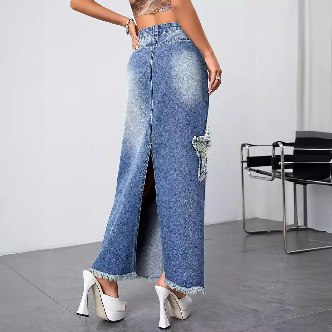 Denim Long Split Ripped Pentagram Patchwork High Waist Skirt