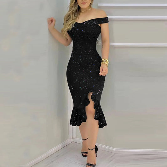Off Shoulder Sequin Ruffle Irregular Dress