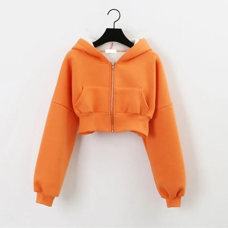 Cropped Zip Up Women Hoodies Vintage with Pockets Short Sweatshirt