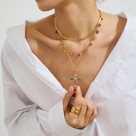 Zircon Cross Necklace 18K Gold Color Plated Stainless Steel