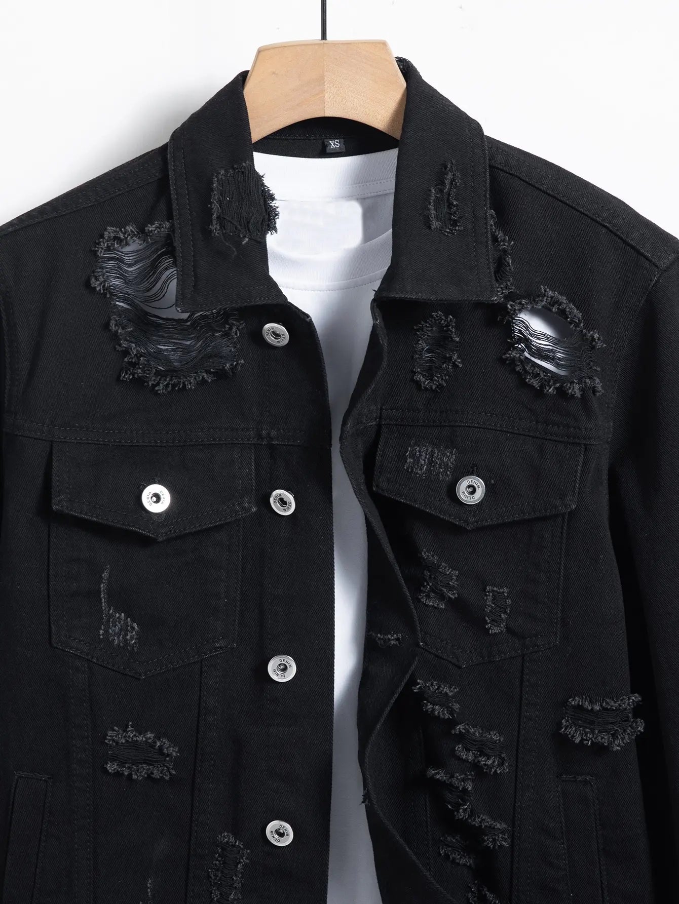 Men's denim jacket for spring and autumn. Black ripped jacket.