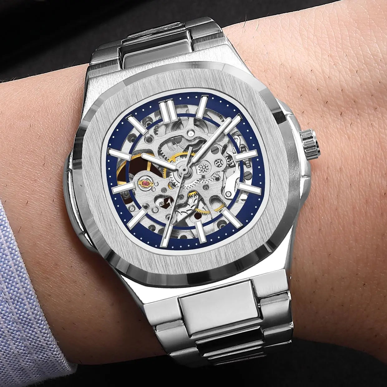 Luxury Automatic Watch For Men Mechanical Wristwatch Skeleton Stainless Steel