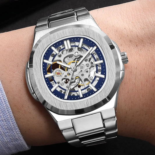Luxury Automatic Watch For Men Mechanical Wristwatch Skeleton Stainless Steel