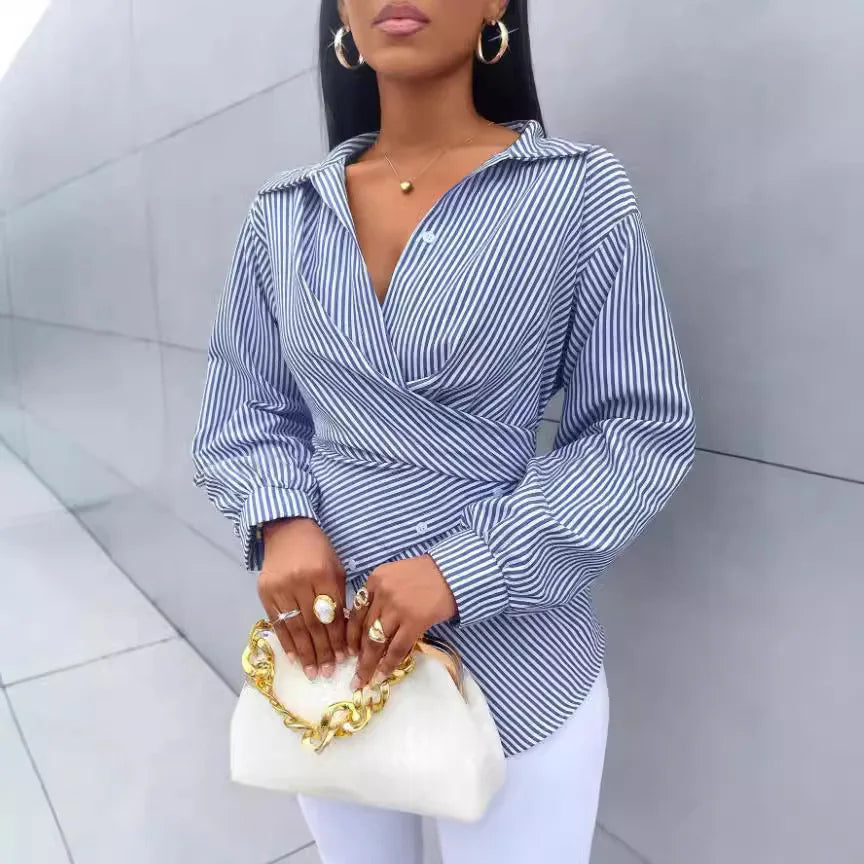 Blouses Chic Shirts Lady Fashion Casual Long Sleeve Turn-down Stripes