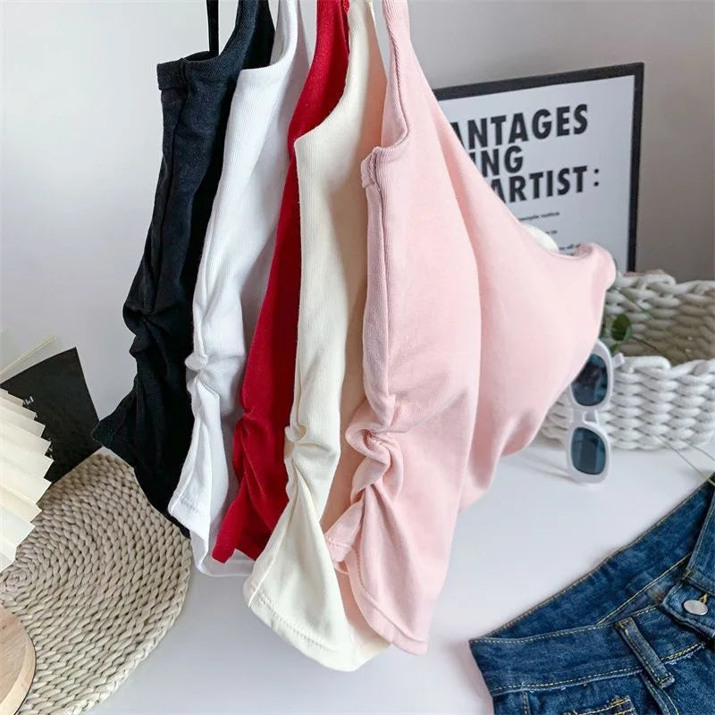 New Women Tank Tops Summer Solid Color Built-In Bra Camisole