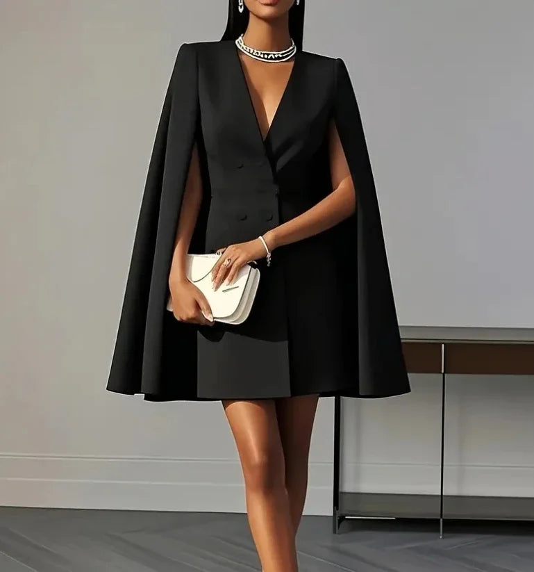 Double Breasted Shawl Cape Solid Color V-Neck Mini Dress