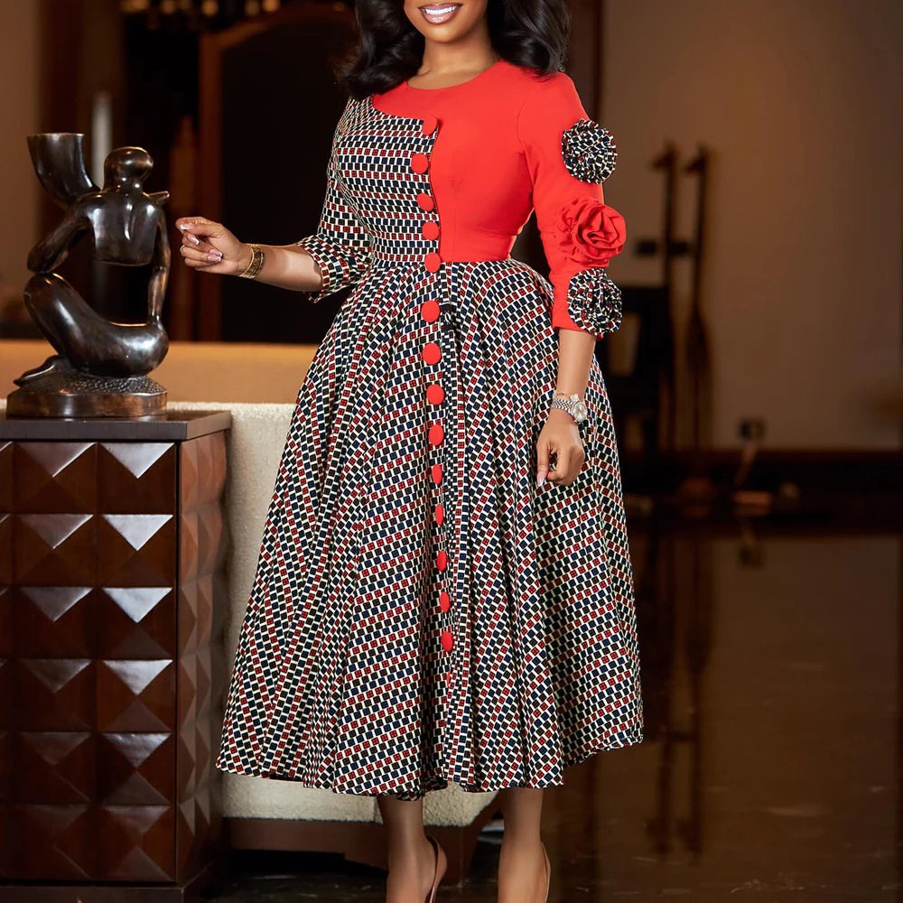 African 3/4 Sleeve Party Birthday New Robe Chic Flower Plaid Evening Dress