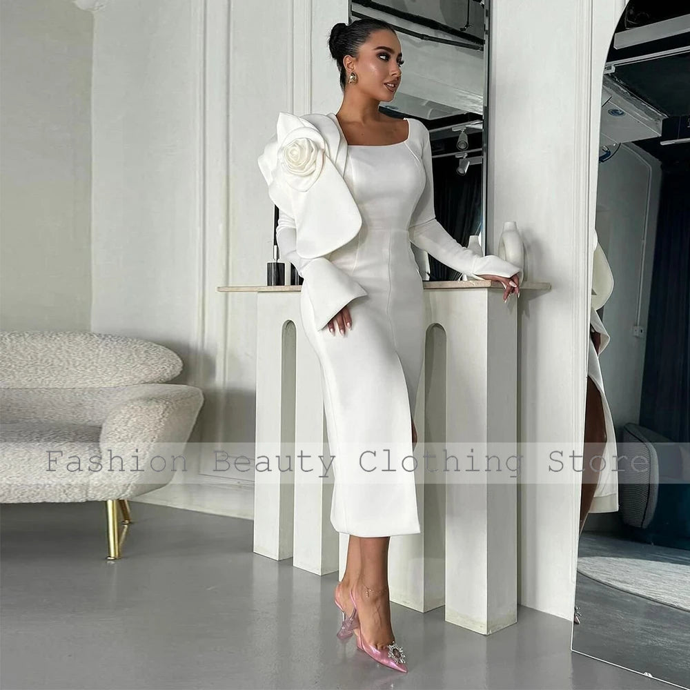 Handmade Flower Sheath Square Neck Midi Party Dress