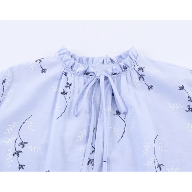 Women Printed Blouse with Embroidered Casual O Neck Long Sleeve
