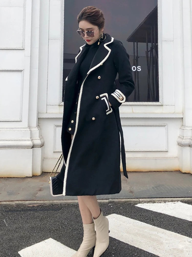 Winter Double Breasted Black Long Woolen Coats