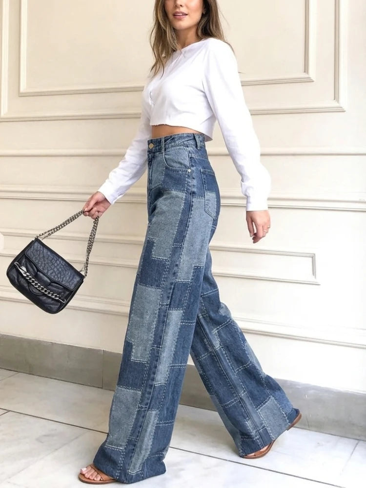 Wide Leg Jeans Two-Tone Blue Patchwork Plaid High Waist Floor-Length Jeans