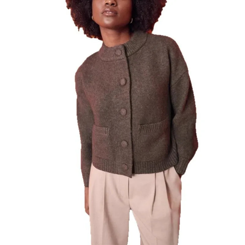 Casual and Comfortable, Single-Breasted, Round Neck, Double Pocket Loose Fit Top