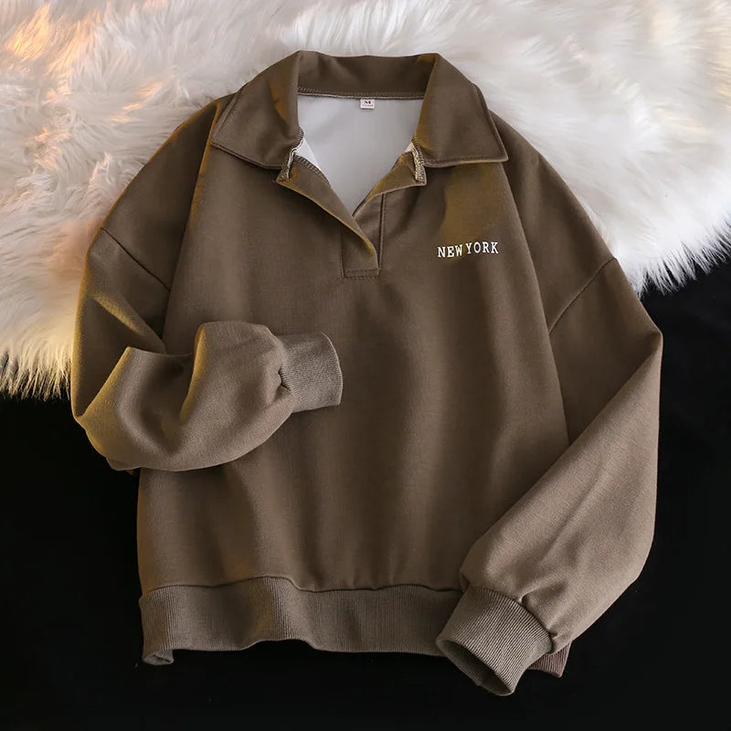 Women Sweatshirt Turn Down Collar Hoodies