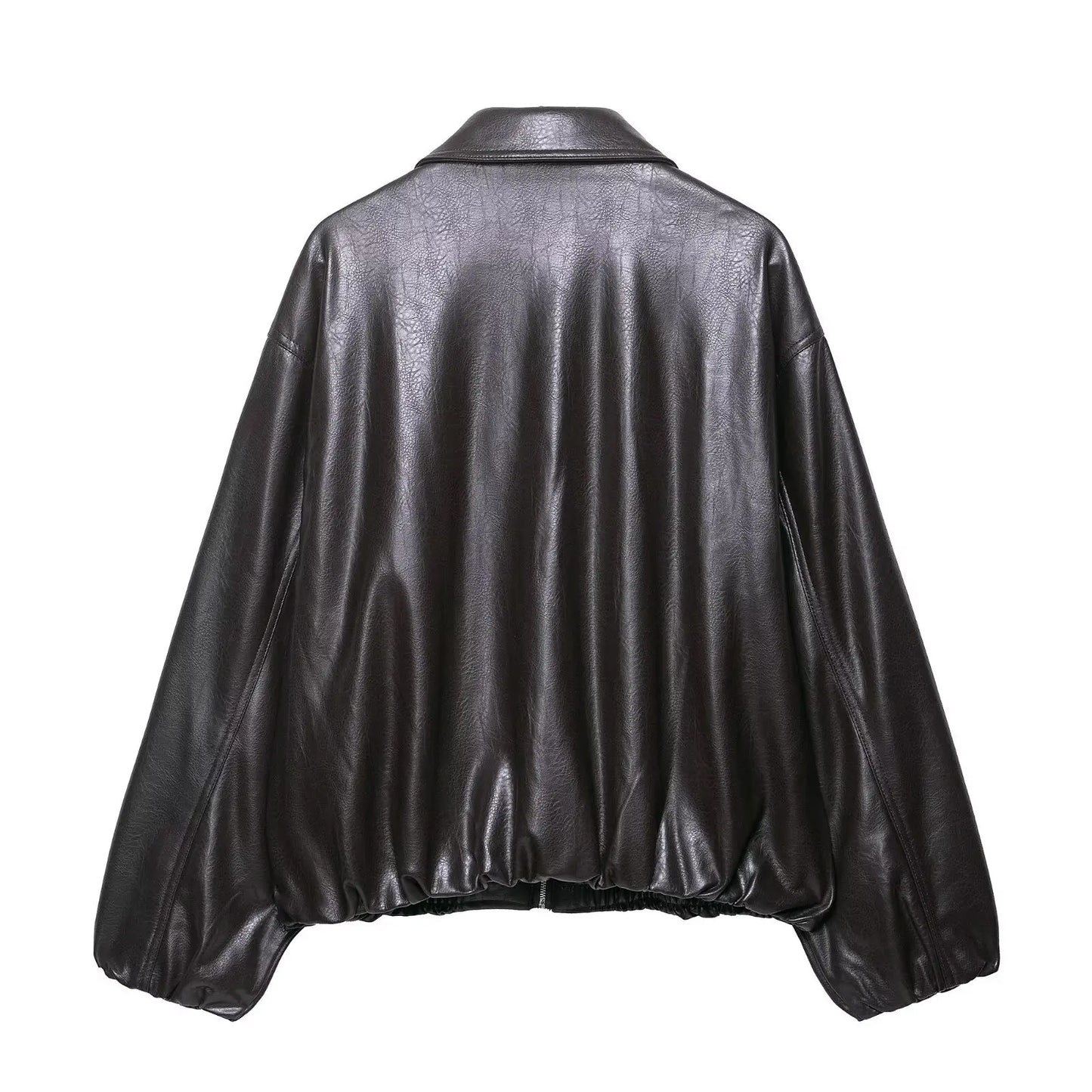 Faux Leather Loose Short Coat Long Sleeve Zipper Jackets