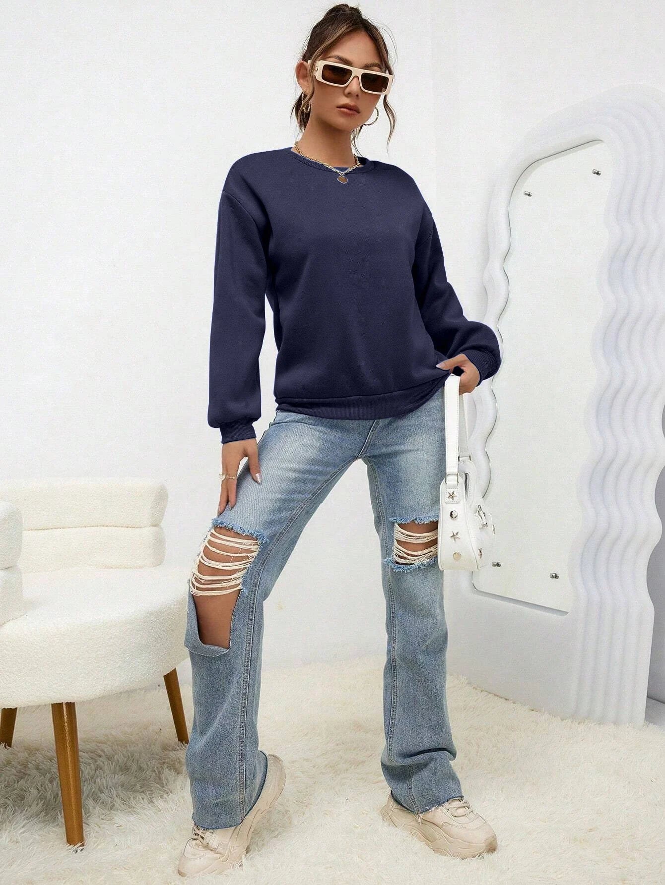 Woman Sweatshirt Casual Solid Color All-Match Clothing