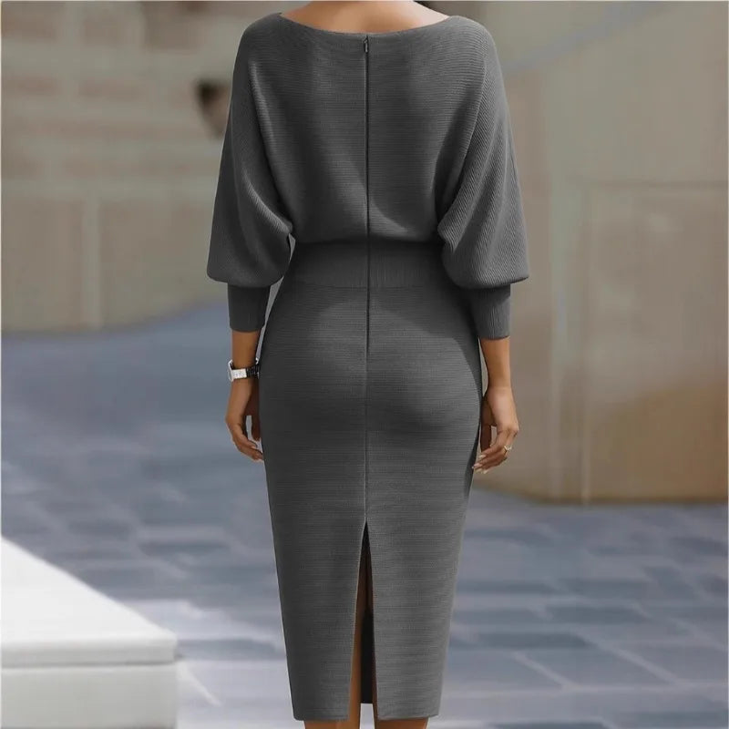 Batwing-sleeve Solid-colour Dress, Round-neck Slit-hem Fitted Midi Skirt