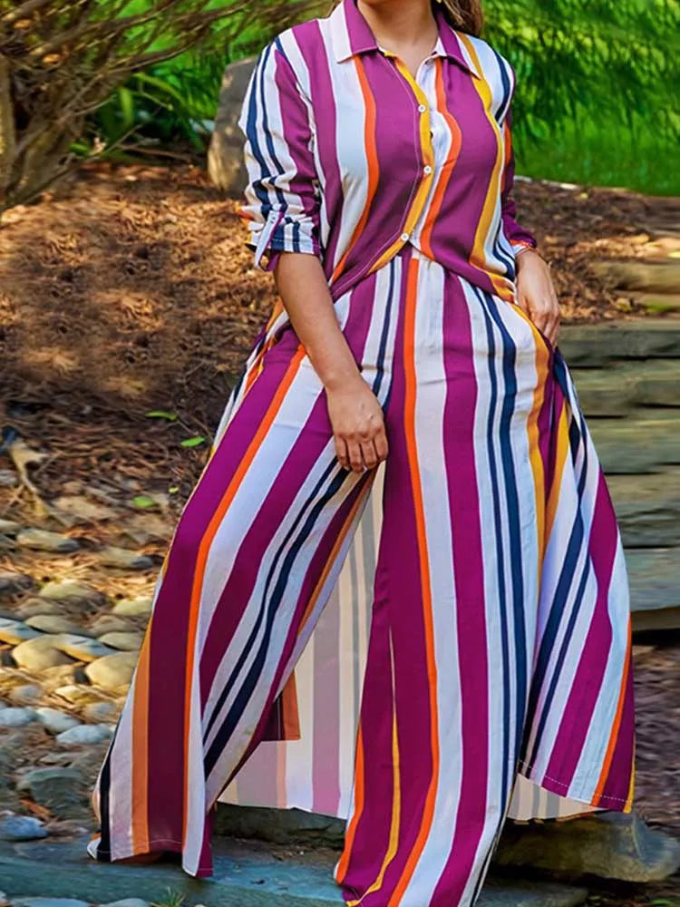 Elegant 2-piece Sets for Women  Long Shirt Blouse Full Sleeve Striped Plus Size Matching Sets