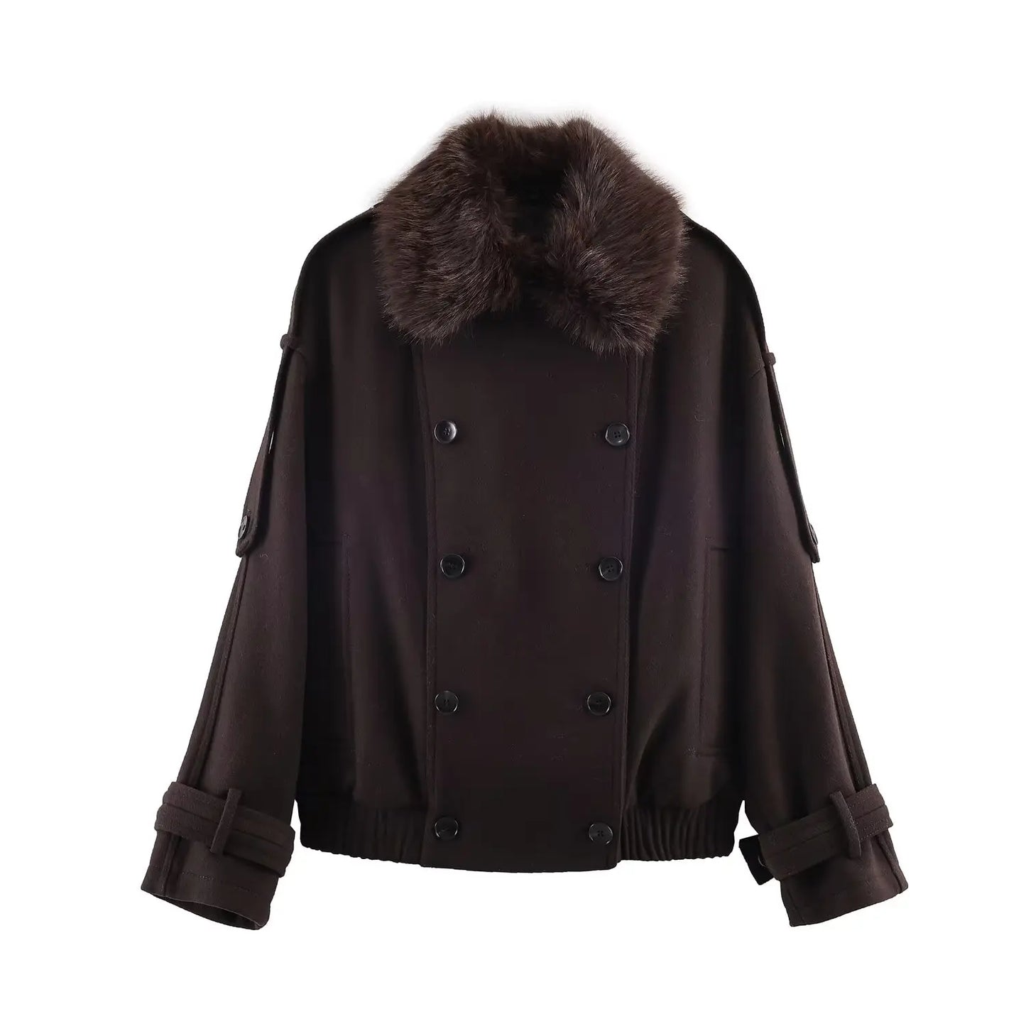 Fur Turn-Down Collar Coats Solid Long Sleeves Pocket Double Breasted Female Jackets