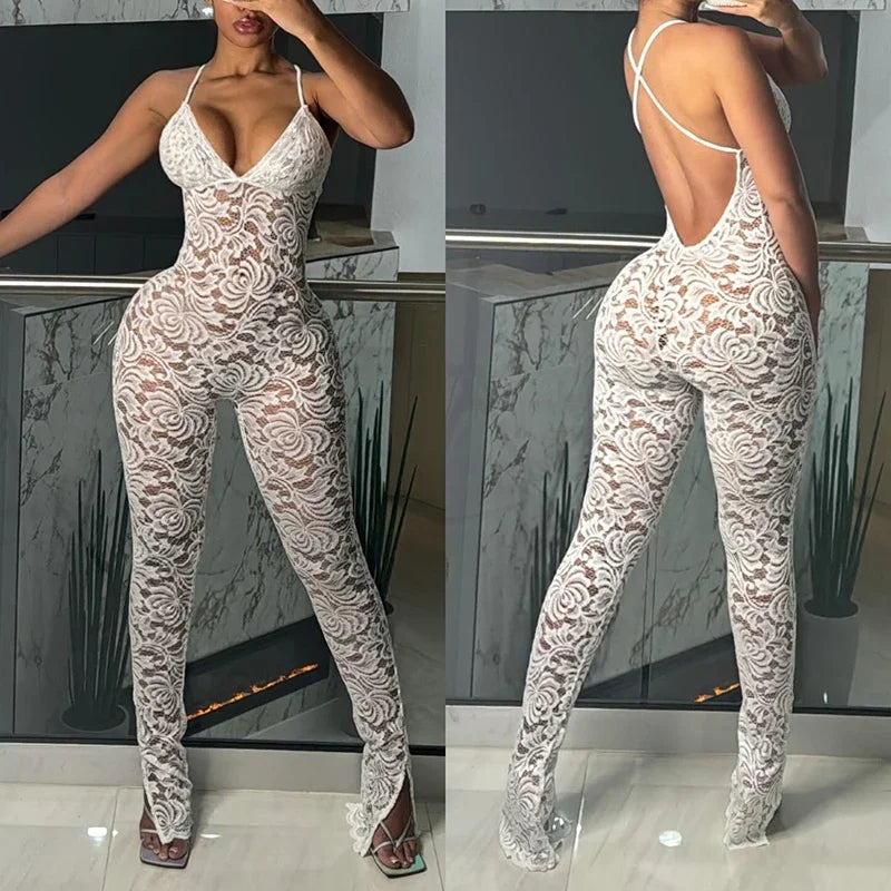 Women Sexy Cross Backless Jumpsuit  See Thorough v-Neck Sleeveless Summer Coquette
