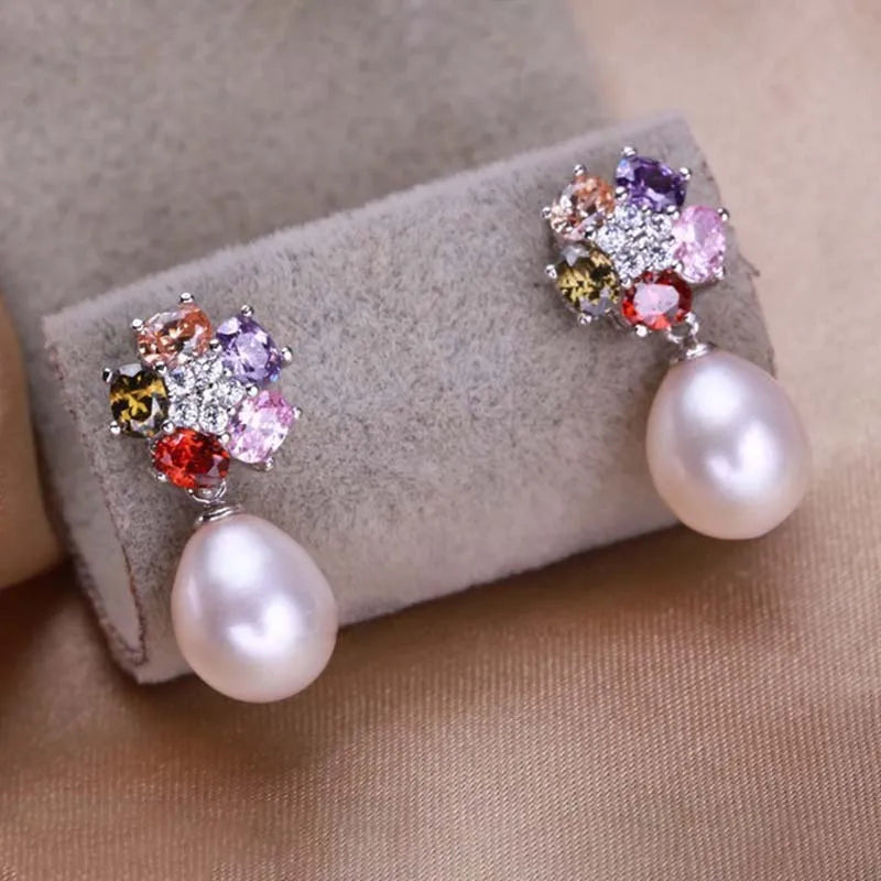 multicolour Zircon Sterling Silver Real Natural Pearl Earrings For Women's