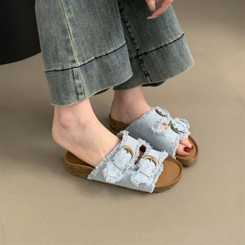 Women's Shoes Flat Slideshow Summer Platform Metal Buckle Beach Luxury  Slippers