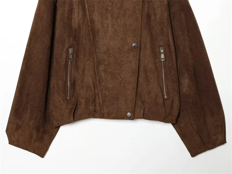 New Style Brown Long Sleeve Suede Effect Loose Biker Style Jacket