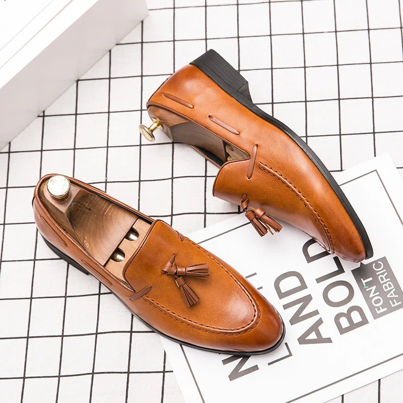 Men Slip On Loafers Trend Tassels Leather Shoes