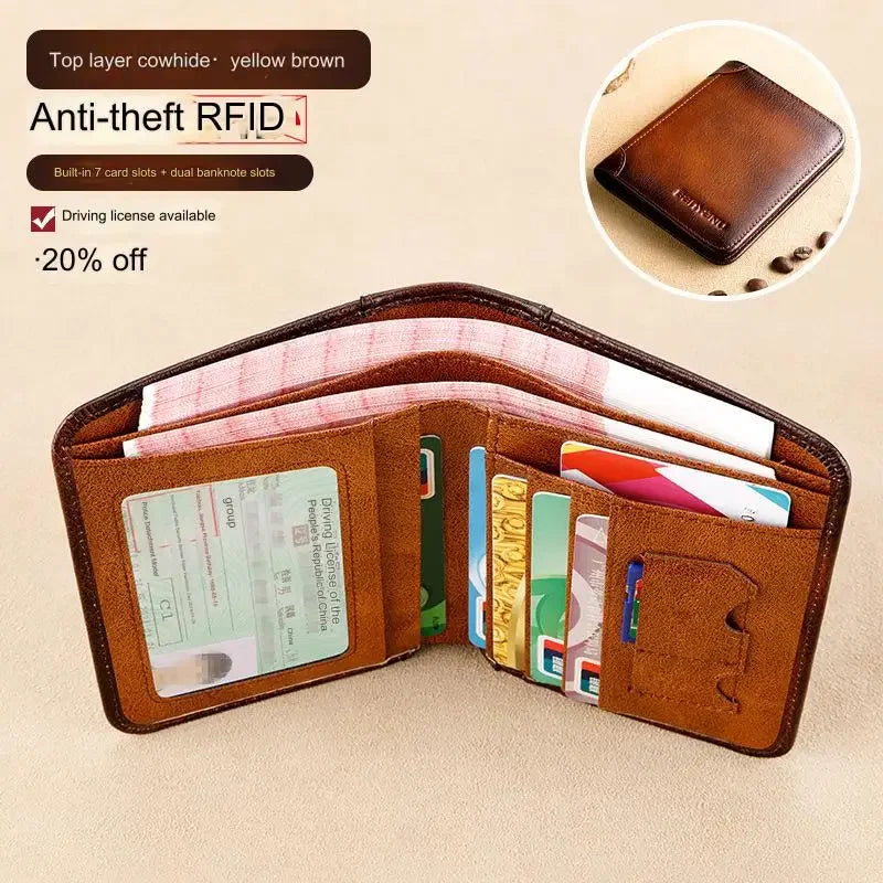 Genuine Leather Trifold Business Short Purse Wallet