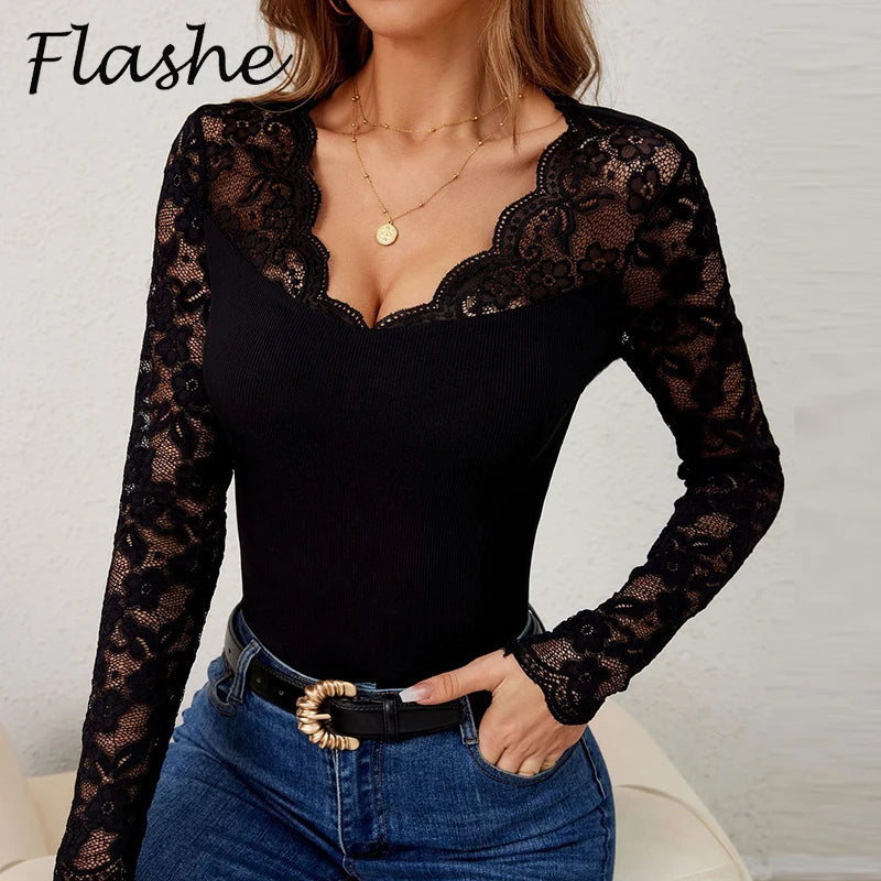 Sexy  Women T-shirts V Neck Lace Long Sleeve, Hollow Out Tee Tops Green Red Black Shirts