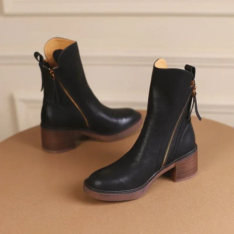 Women's Platform Chelsea Boots  Round Toe Chunky Heel Women Brown Ankle Boots