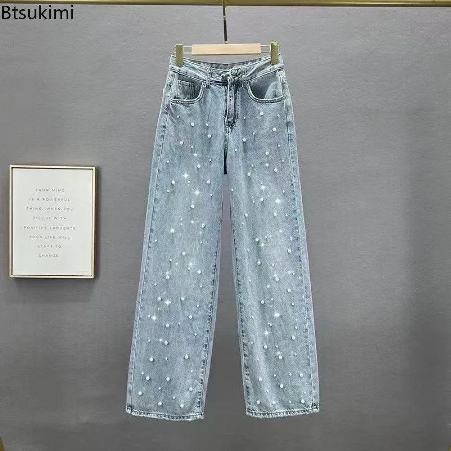 Women's Jeans Pants Beading High Waist Straight Pants