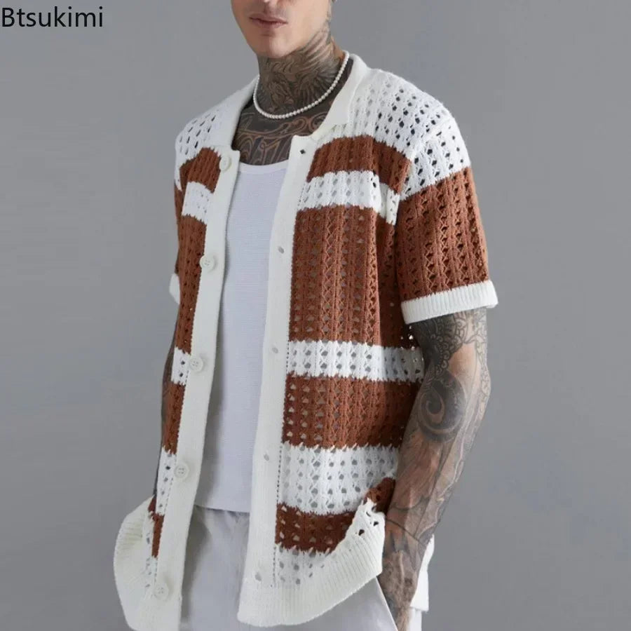 Striped Patchwork Knitted Shirts for Men Summer Short-sleeved Hollow Out Tops